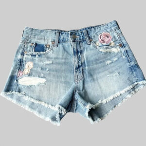 AEO High Rise Festival  Floral Embroidery Distressed Jean Shorts